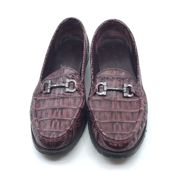 FERRAGAMO PURPLE BLACK CROC LEATHER LOAFER - Picture 2 of 8